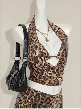 Leopard print Sequin Halter Crop Top - Brown brand new women small party club